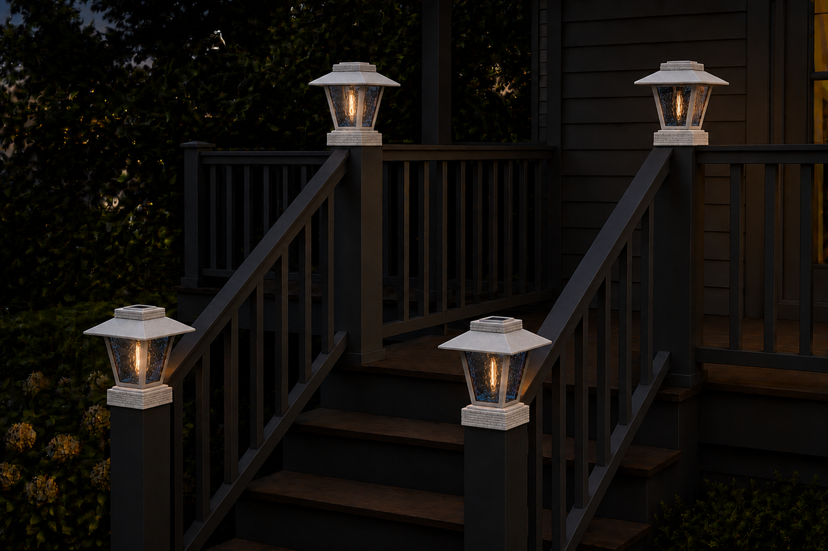 Lantern with Blue Glass 4-Inch Edison Bulb 4.5-Inch Solar Post Cap Light – Marble