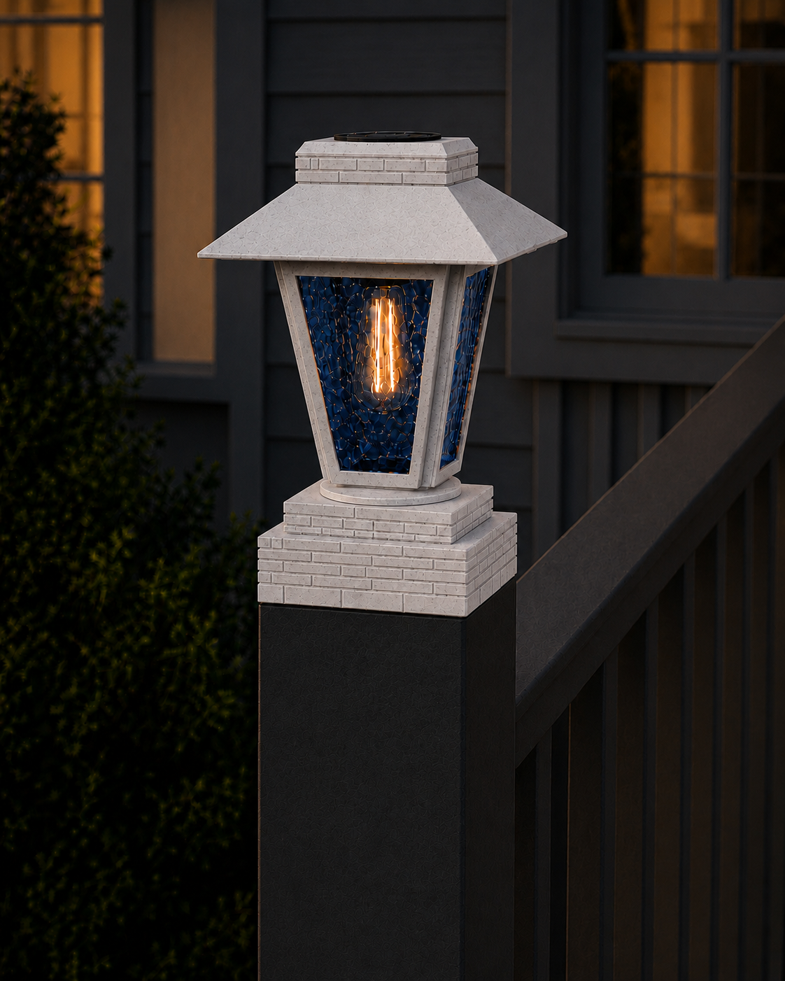 Lantern with Blue Glass 4-Inch Edison Bulb 4.5-Inch Solar Post Cap Light – Marble