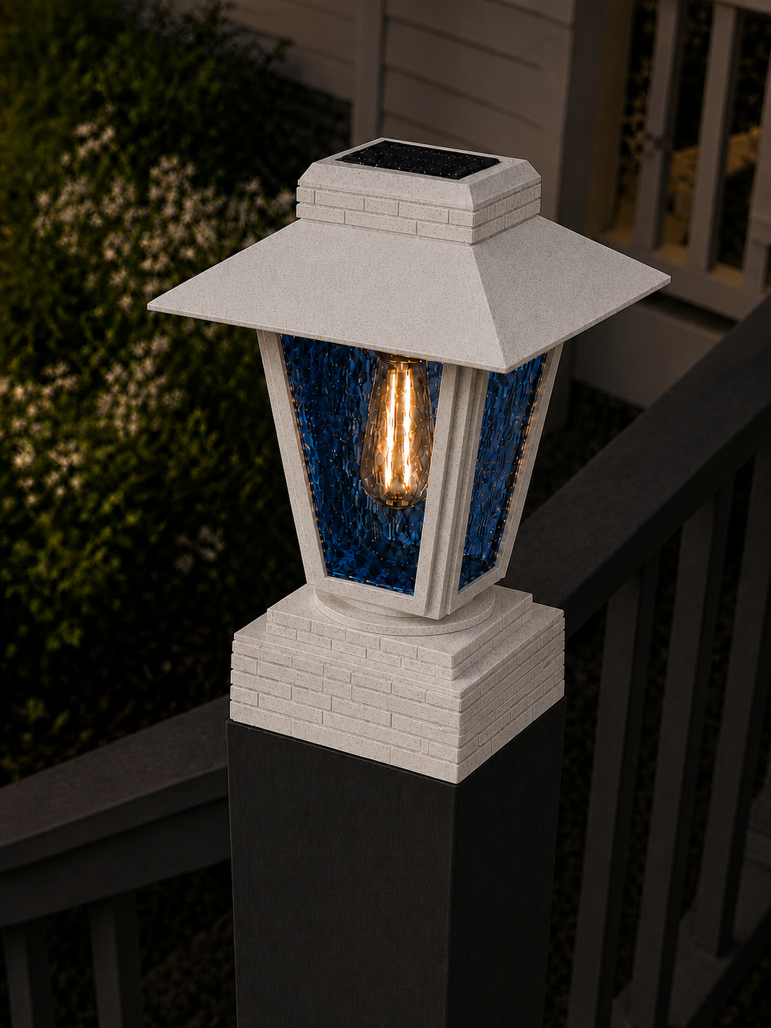 Lantern with Blue Glass 4-Inch Edison Bulb 4.5-Inch Solar Post Cap Light – Marble