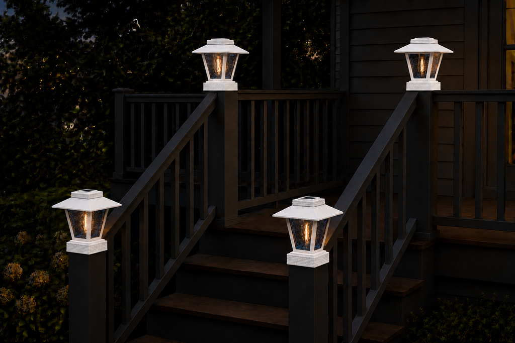 Lantern with Blue Glass 4-Inch Edison Bulb 4.5-Inch Solar Post Cap Light – White