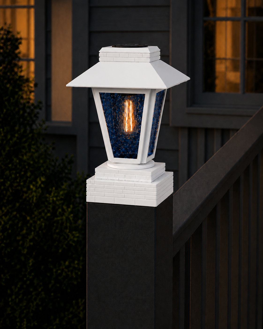 Lantern with Blue Glass 4-Inch Edison Bulb 4.5-Inch Solar Post Cap Light – White