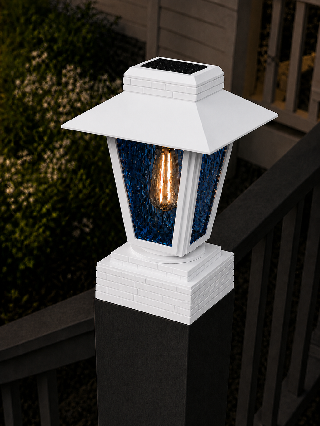 Lantern with Blue Glass 4-Inch Edison Bulb 4.5-Inch Solar Post Cap Light – White