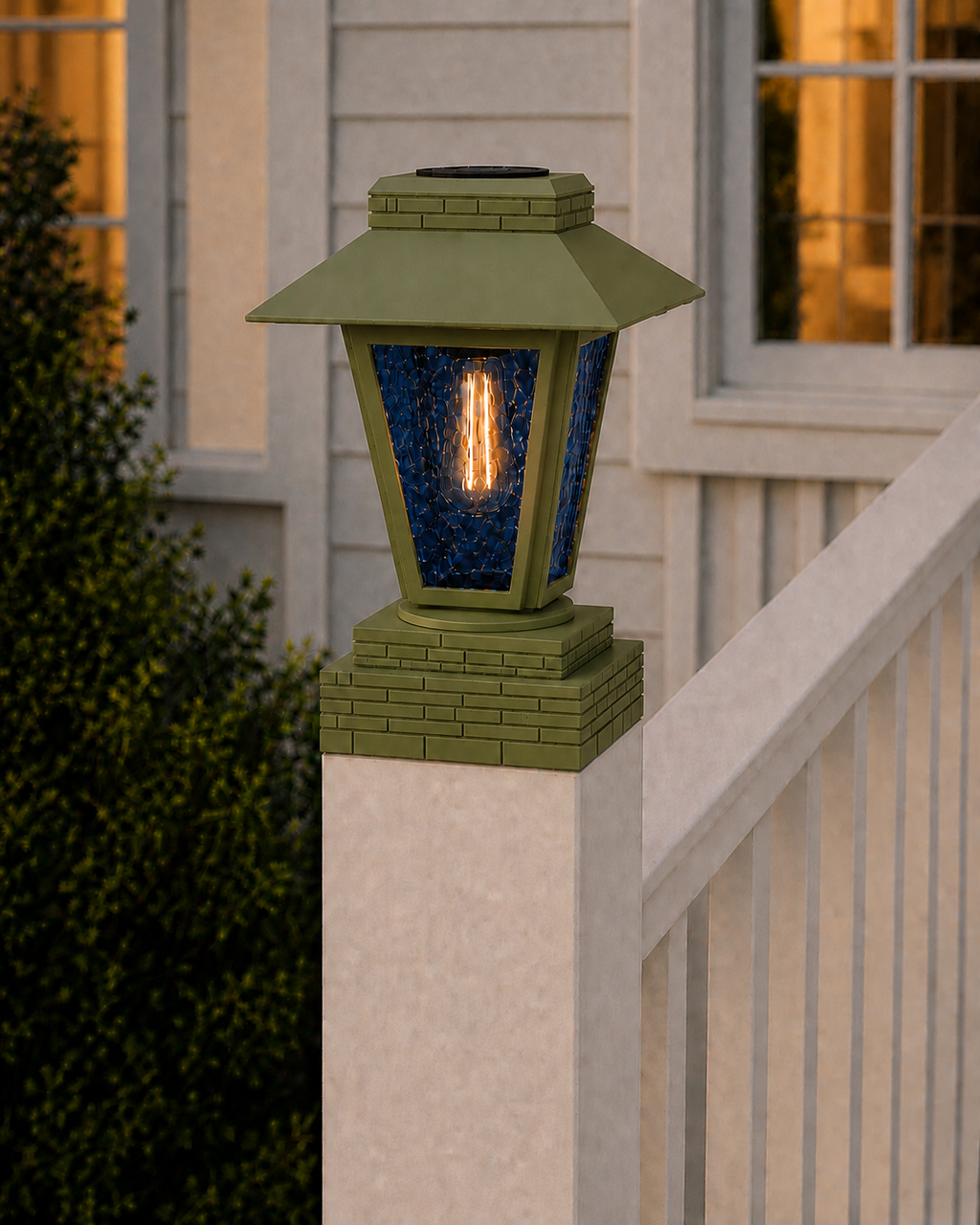 Lantern with Blue Glass 4-Inch Edison Bulb 4.5-Inch Solar Post Cap Light – Natural Green
