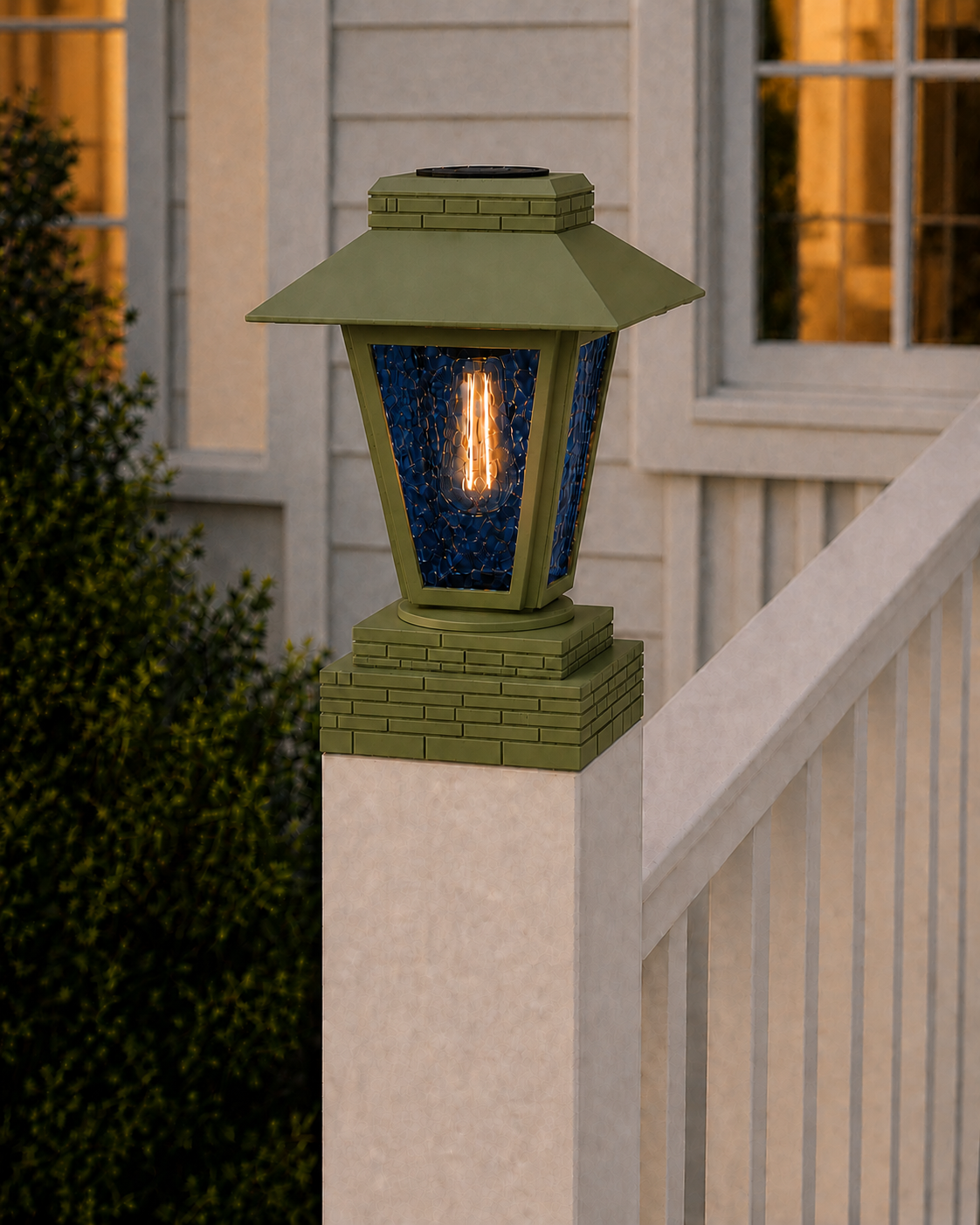 Lantern with Blue Glass 4-Inch Edison Bulb 4.5-Inch Solar Post Cap Light – Natural Green