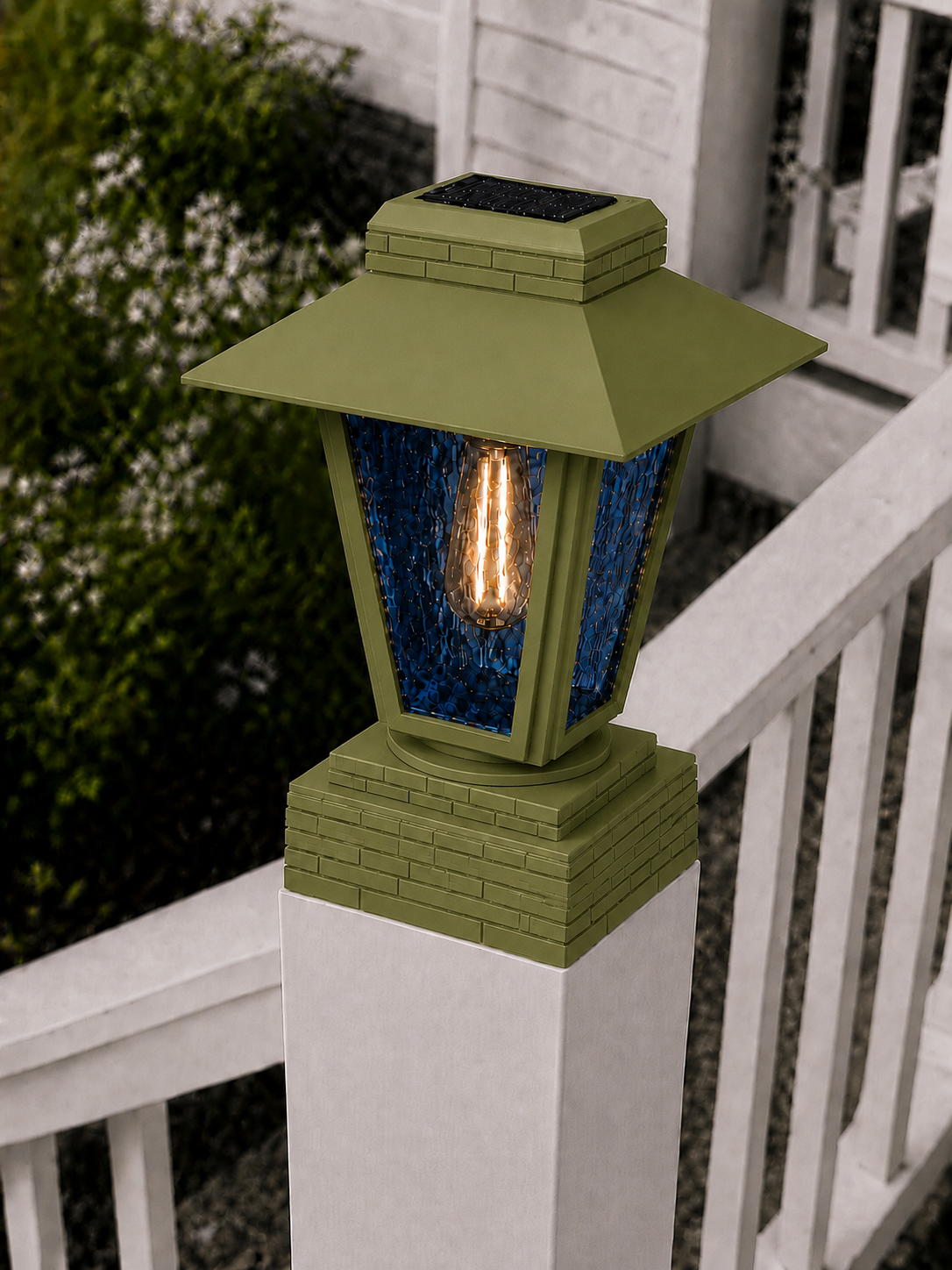 Lantern with Blue Glass 4-Inch Edison Bulb 4.5-Inch Solar Post Cap Light – Natural Green