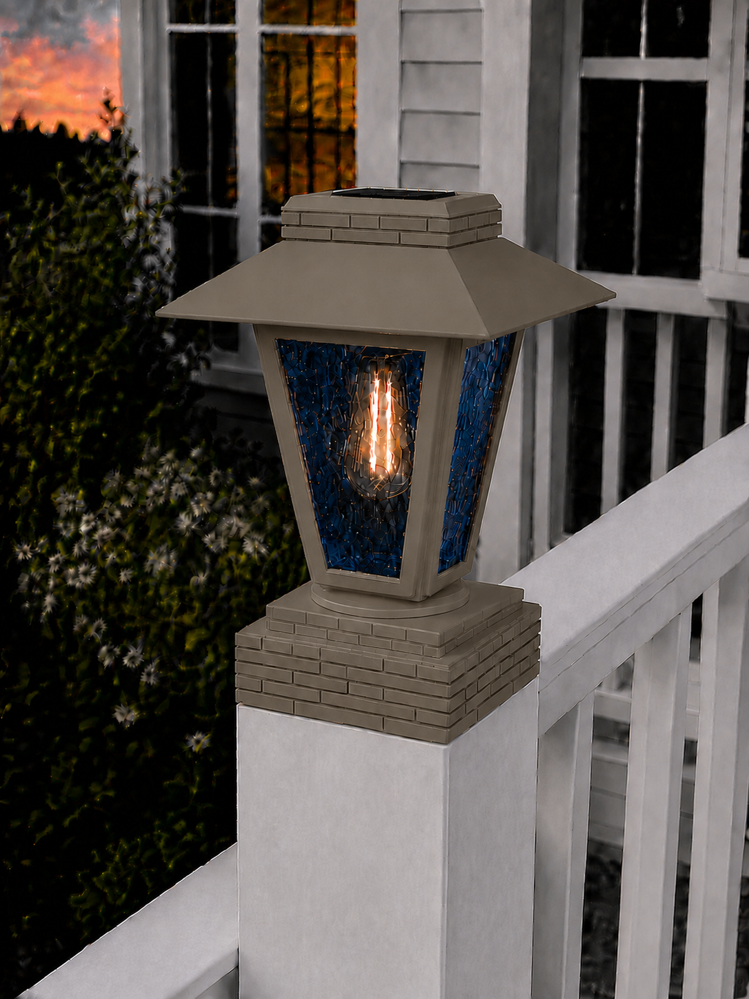 Lantern with Blue Glass 4-Inch Edison Bulb 4.5-Inch Solar Post Cap Light – Olive Brown