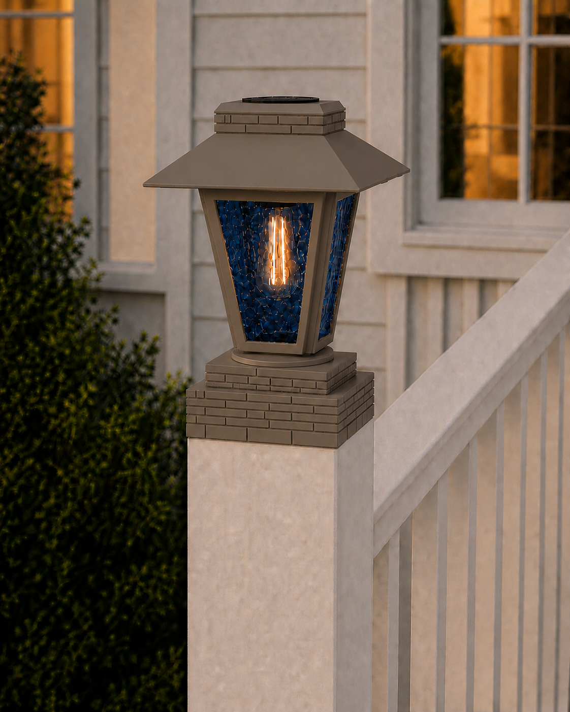 Lantern with Blue Glass 4-Inch Edison Bulb 4.5-Inch Solar Post Cap Light – Olive Brown