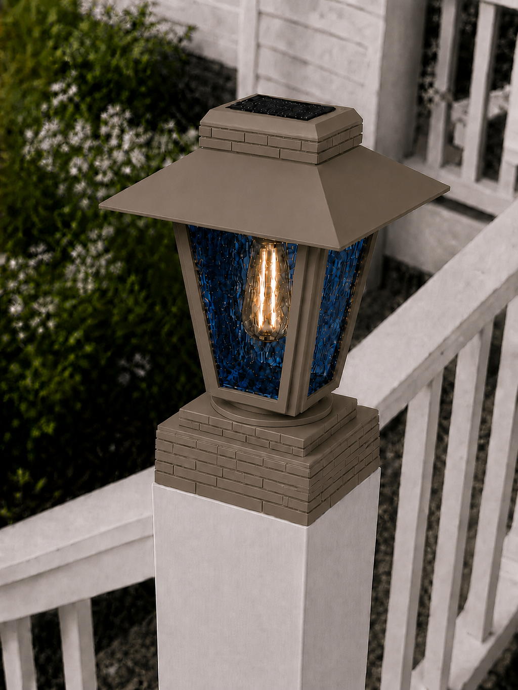 Lantern with Blue Glass 4-Inch Edison Bulb 4.5-Inch Solar Post Cap Light – Olive Brown