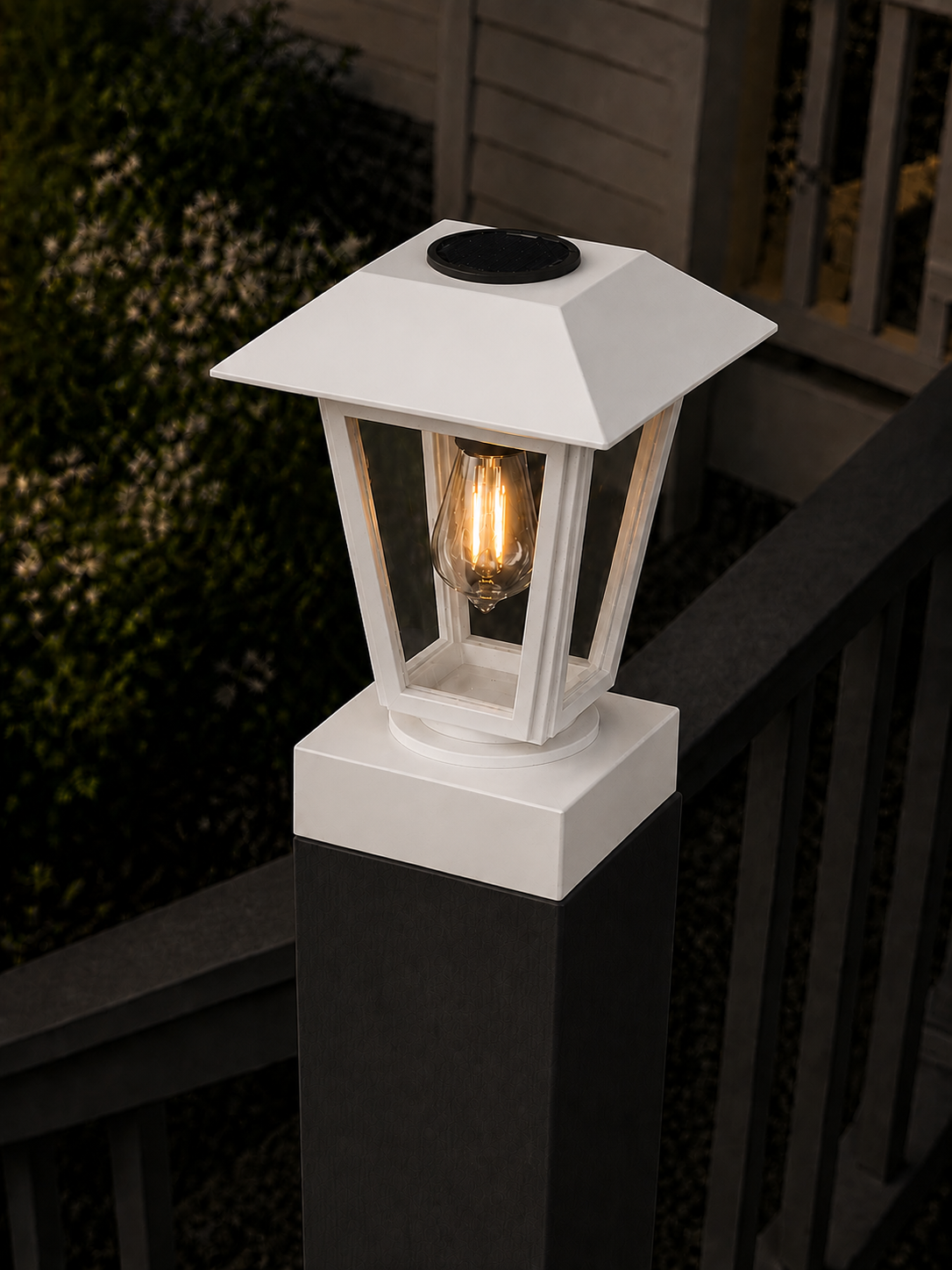 Lantern with 3-Inch Edison Bulb 4.5-Inch Solar Post Cap Light – White