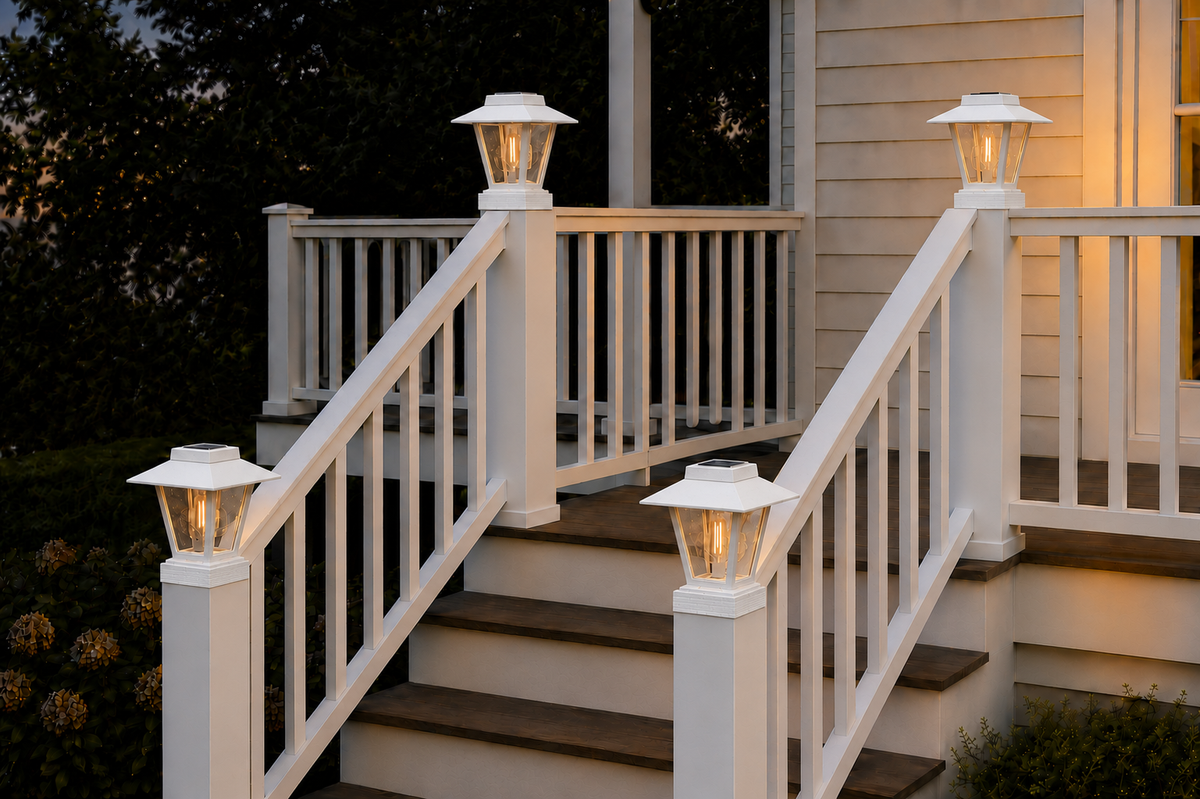 Lantern with Rippled Glass 4-Inch Edison Bulb 4.5-Inch Solar Post Cap Light – White