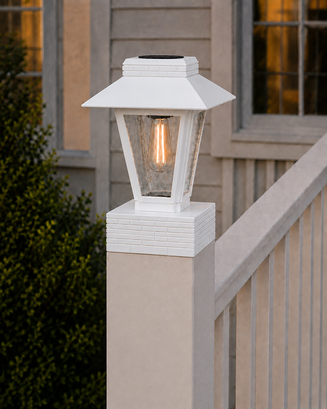 Lantern with Rippled Glass 4-Inch Edison Bulb 4.5-Inch Solar Post Cap Light – White