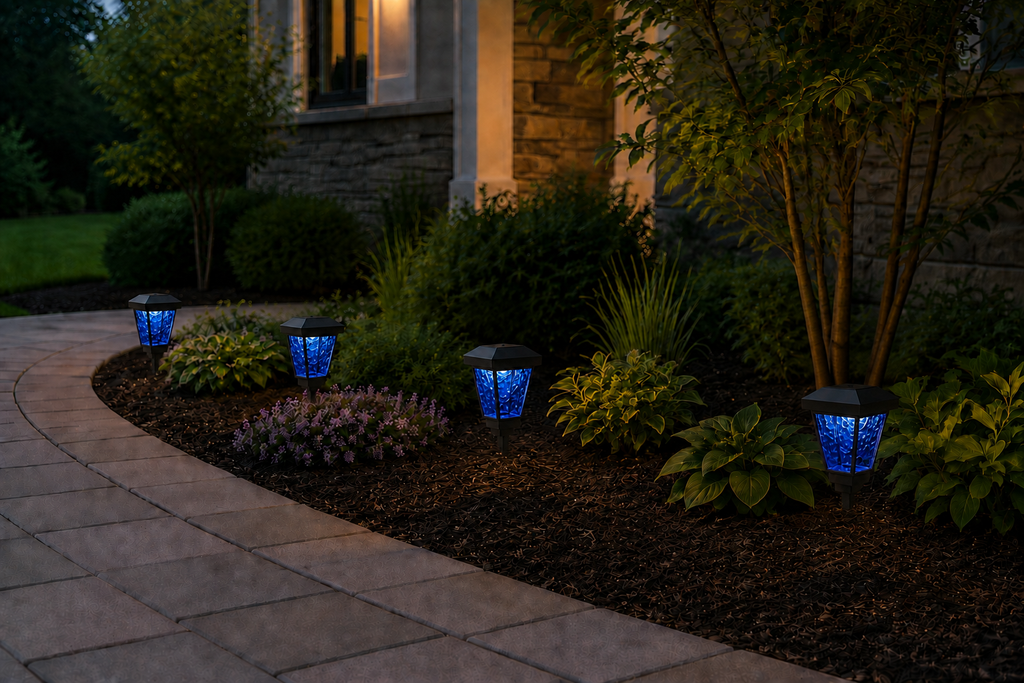 Lantern with Blue Textured Glass LED Bulb Solar Landscape Light – Black
