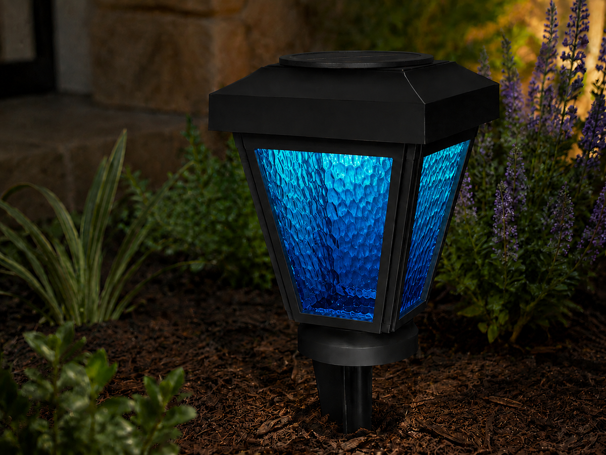 Lantern with Blue Textured Glass LED Bulb Solar Landscape Light – Black