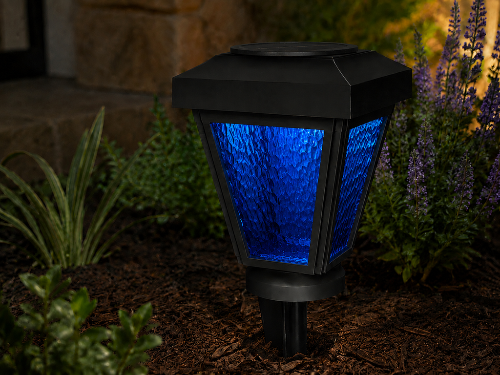 Lantern with Blue Textured Glass LED Bulb Solar Landscape Light – Black