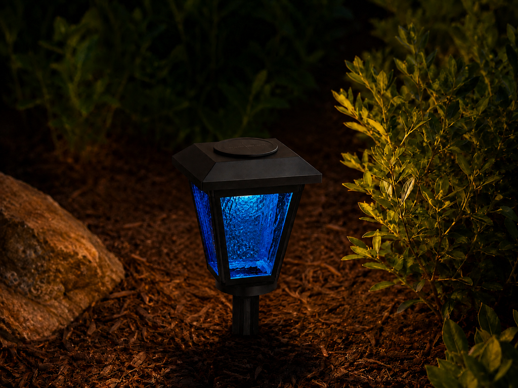 Lantern with Blue Textured Glass LED Bulb Solar Landscape Light – Black