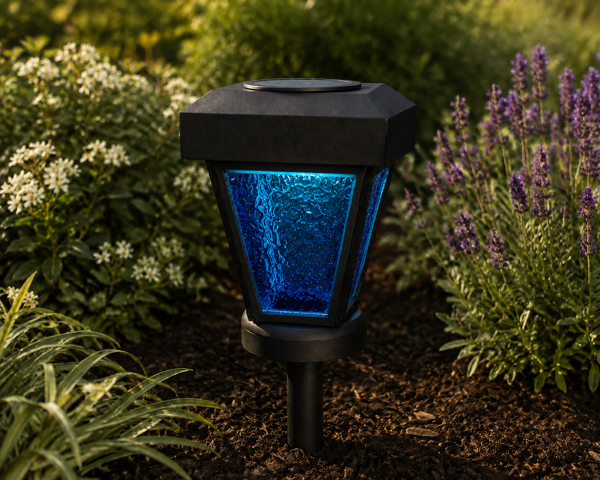 Lantern with Blue Textured Glass LED Bulb Solar Landscape Light – Black