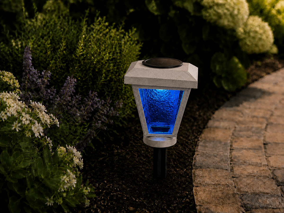 Lantern with Blue Textured Glass LED Bulb Solar Landscape Light – Marble