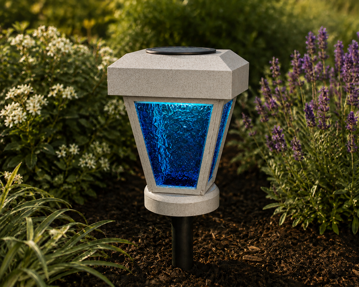Lantern with Blue Textured Glass LED Bulb Solar Landscape Light – Marble