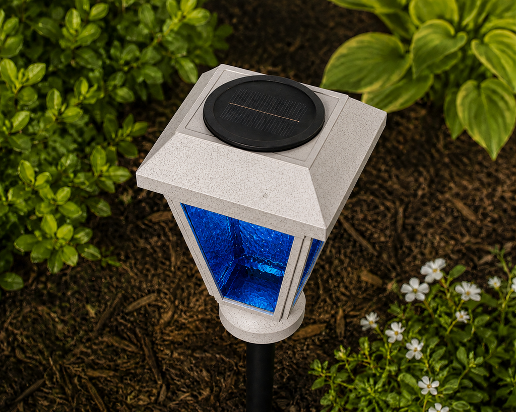 Lantern with Blue Textured Glass LED Bulb Solar Landscape Light – Marble