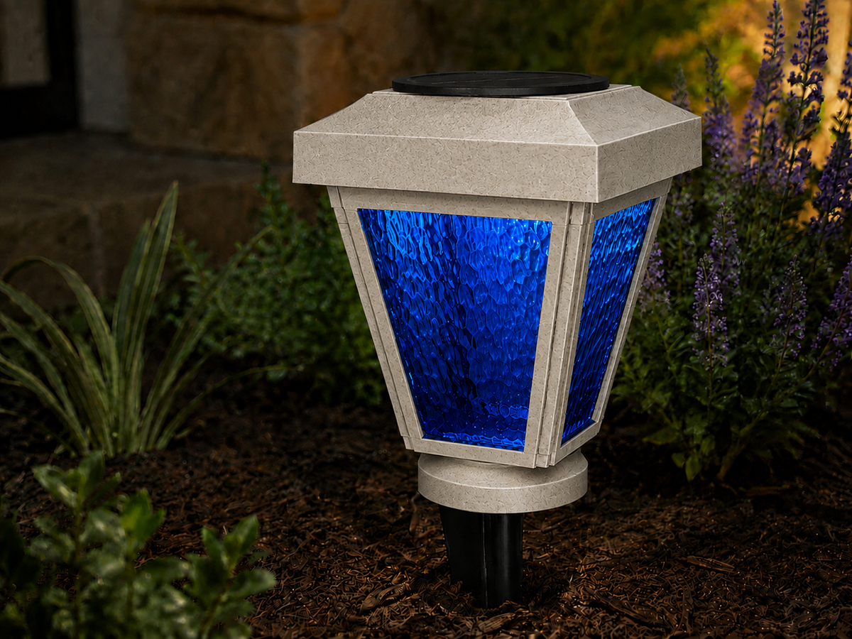 Lantern with Blue Textured Glass LED Bulb Solar Landscape Light – Marble