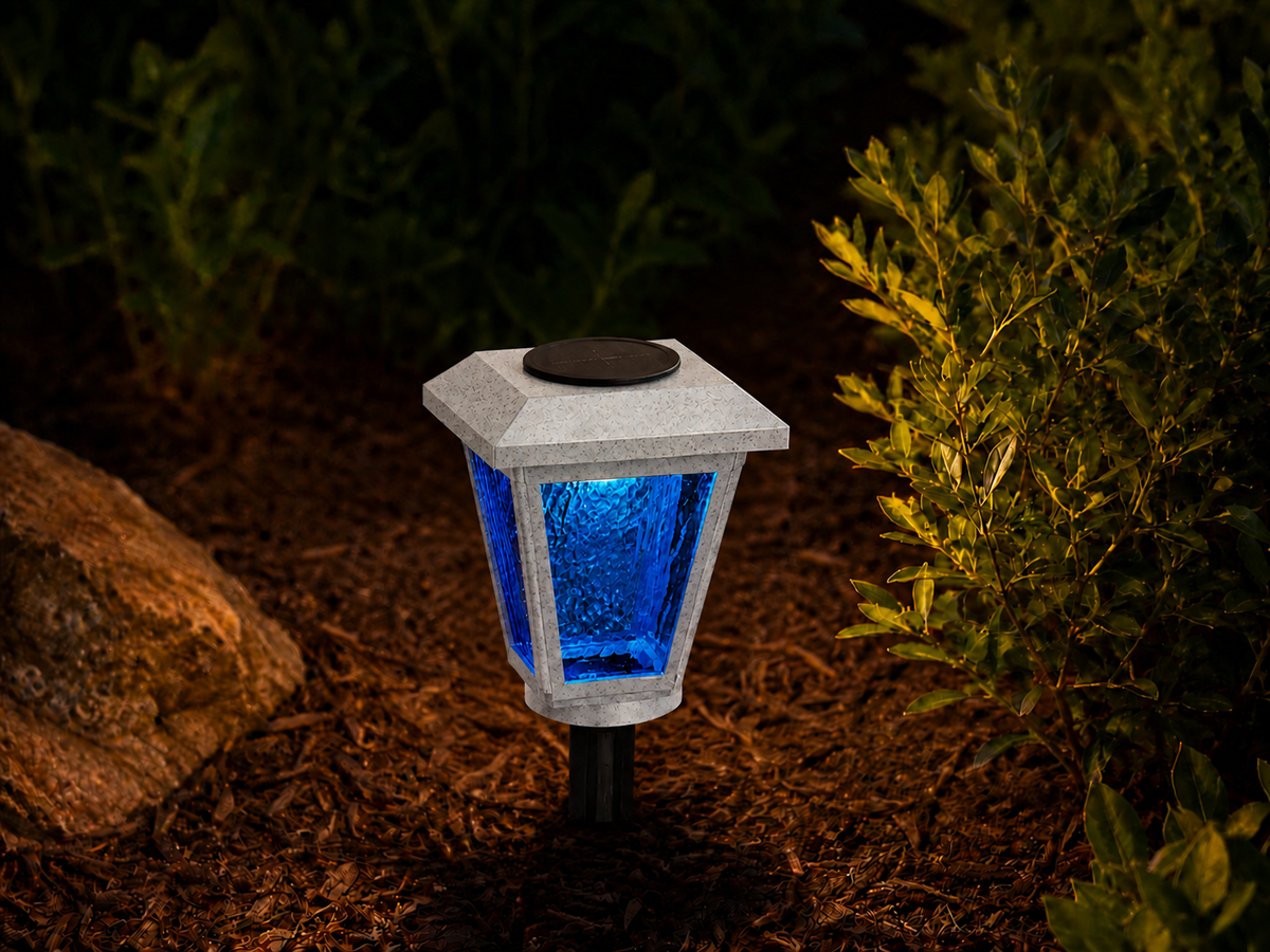 Lantern with Blue Textured Glass LED Bulb Solar Landscape Light – Marble