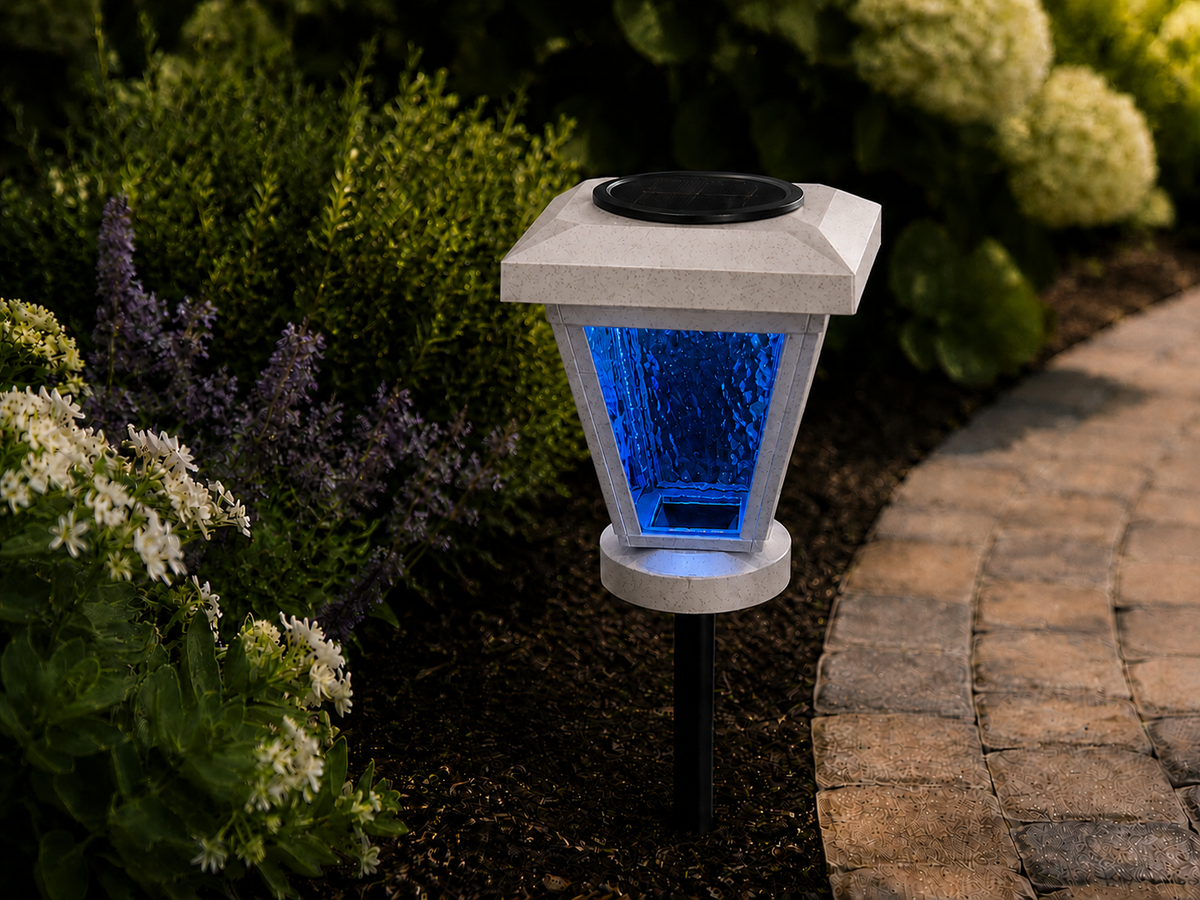 Lantern with Blue Textured Glass LED Bulb Solar Landscape Light – Marble