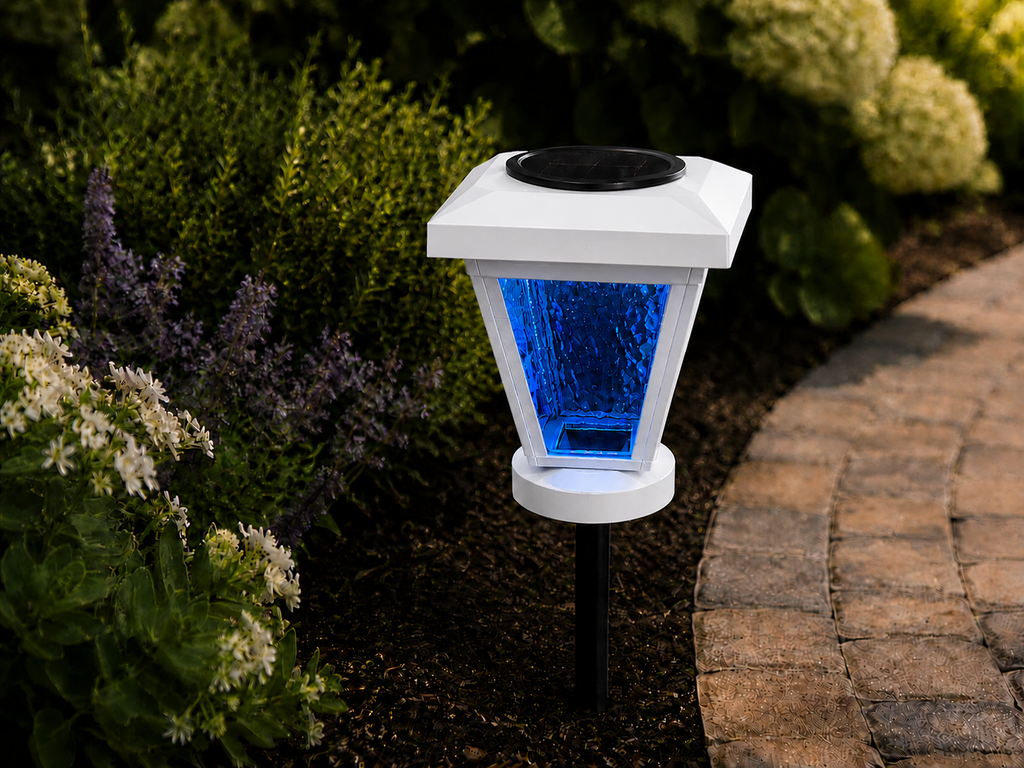Lantern with Blue Textured Glass LED Bulb Solar Landscape Light – White