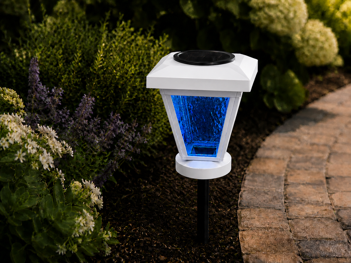 Lantern with Blue Textured Glass LED Bulb Solar Landscape Light – White