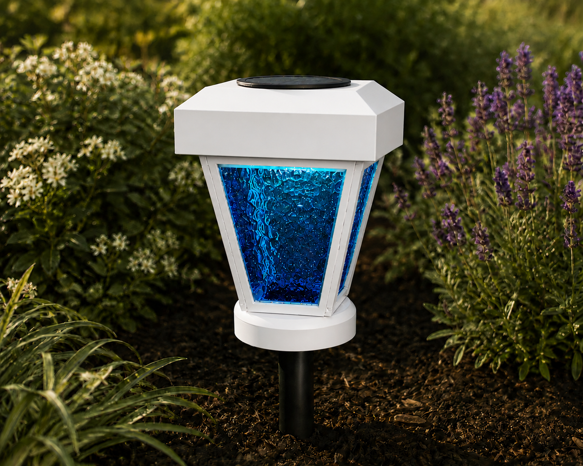 Lantern with Blue Textured Glass LED Bulb Solar Landscape Light – White