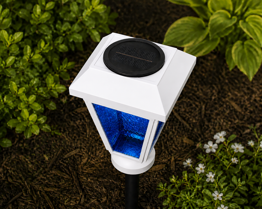 Lantern with Blue Textured Glass LED Bulb Solar Landscape Light – White