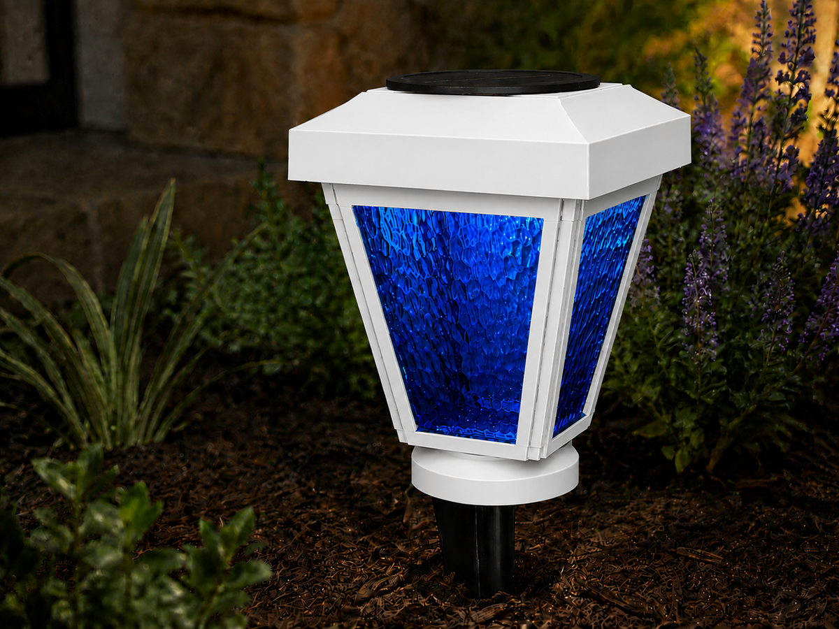 Lantern with Blue Textured Glass LED Bulb Solar Landscape Light – White