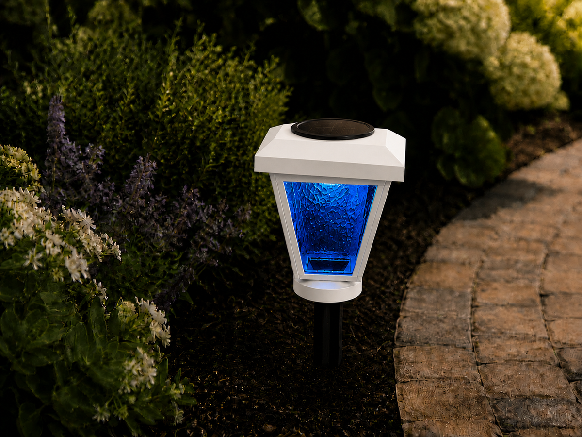 Lantern with Blue Textured Glass LED Bulb Solar Landscape Light – White