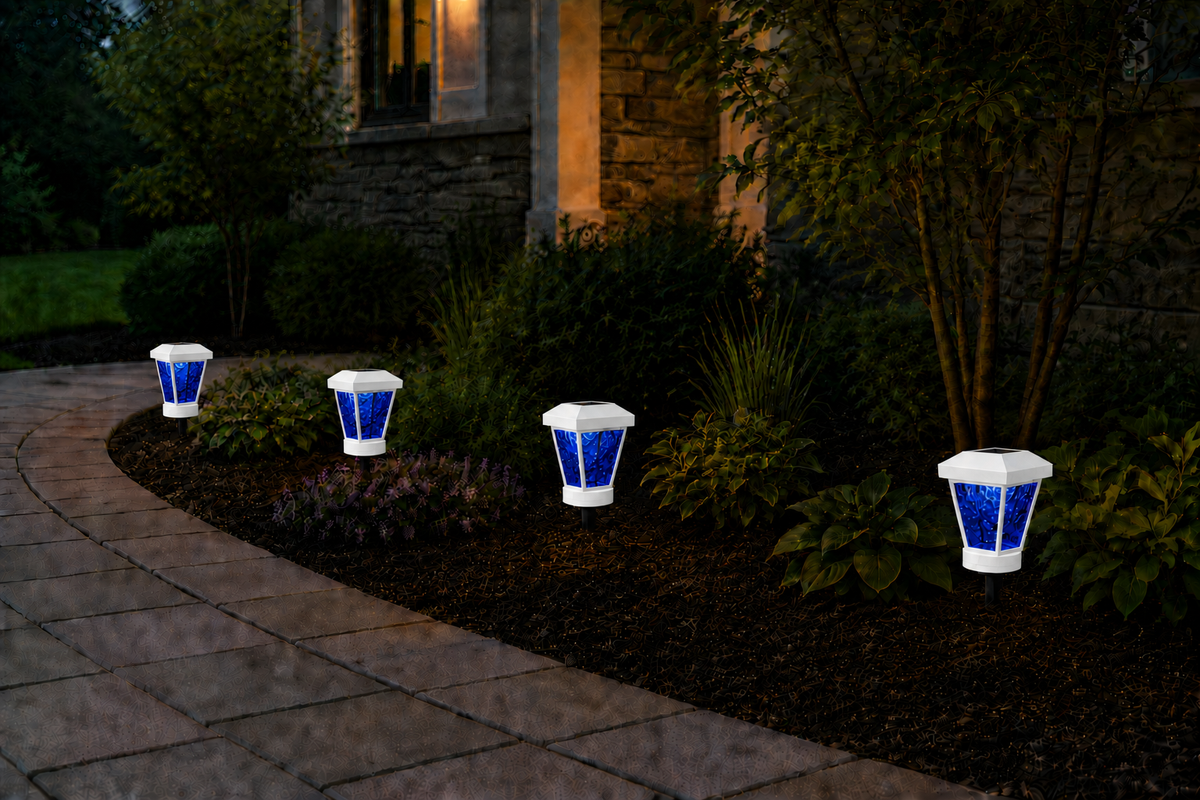 Lantern with Blue Textured Glass LED Bulb Solar Landscape Light – White