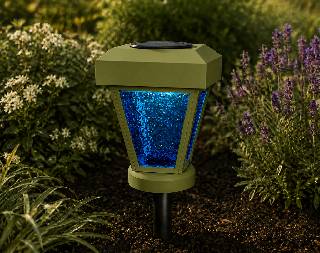 Lantern with Blue Textured Glass LED Bulb Solar Landscape Light – Natural Green