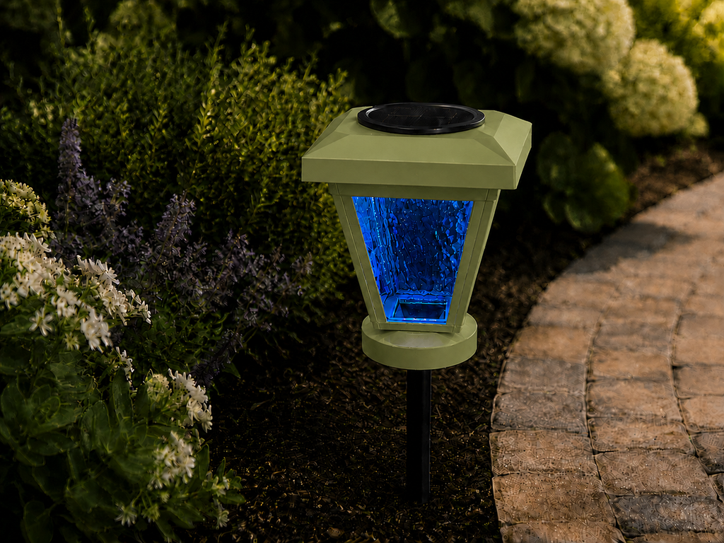 Lantern with Blue Textured Glass LED Bulb Solar Landscape Light – Natural Green