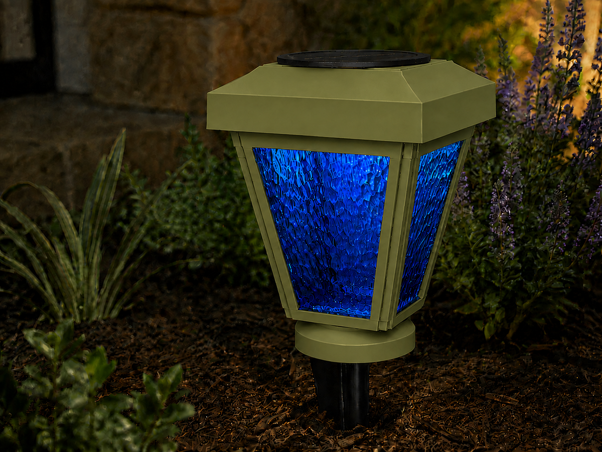 Lantern with Blue Textured Glass LED Bulb Solar Landscape Light – Natural Green