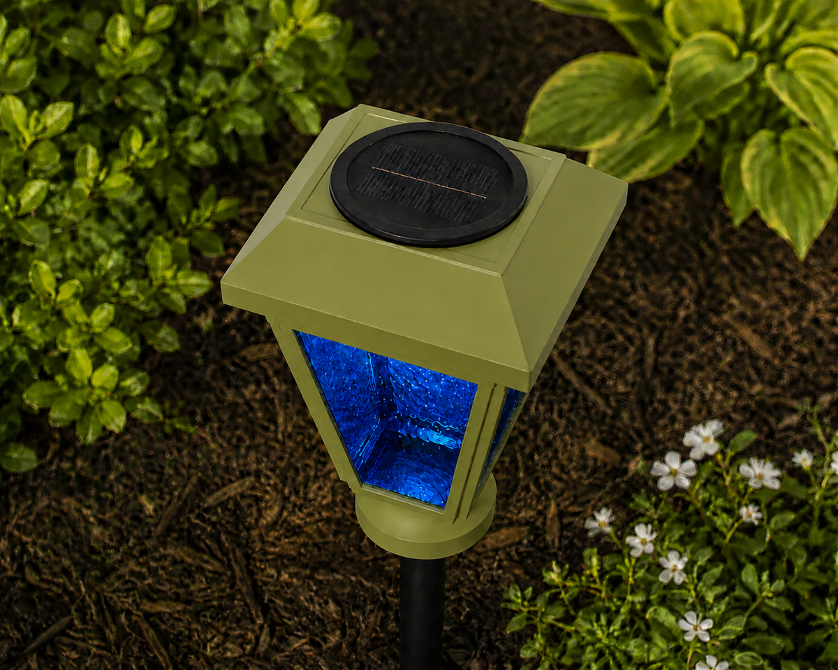 Lantern with Blue Textured Glass LED Bulb Solar Landscape Light – Natural Green