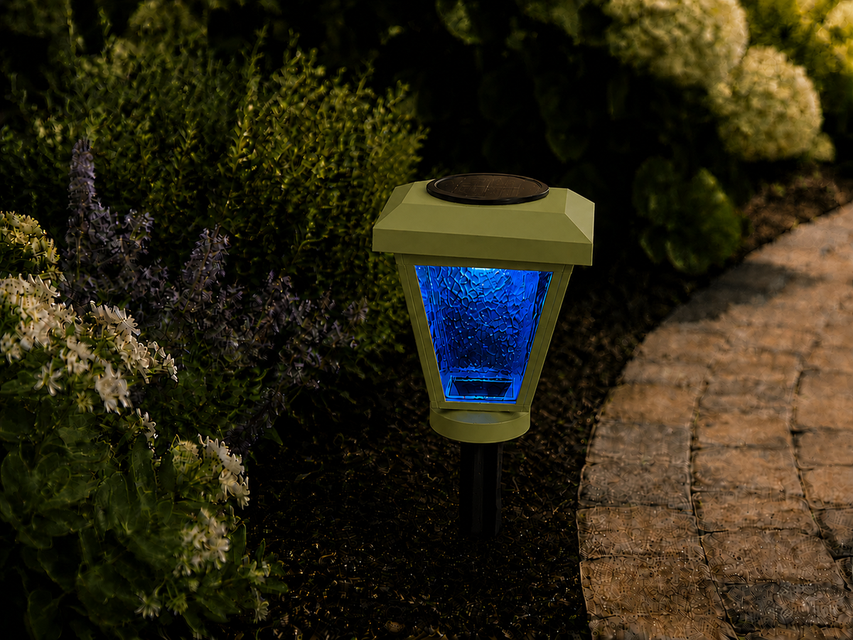 Lantern with Blue Textured Glass LED Bulb Solar Landscape Light – Natural Green