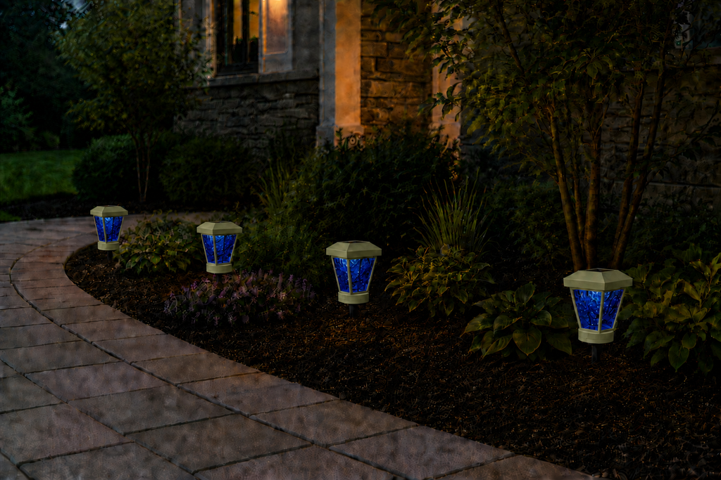 Lantern with Blue Textured Glass LED Bulb Solar Landscape Light – Natural Green