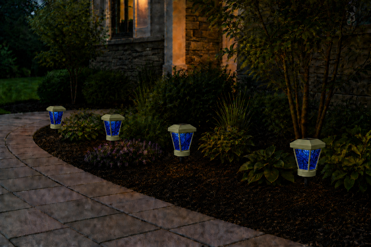Lantern with Blue Textured Glass LED Bulb Solar Landscape Light – Natural Green