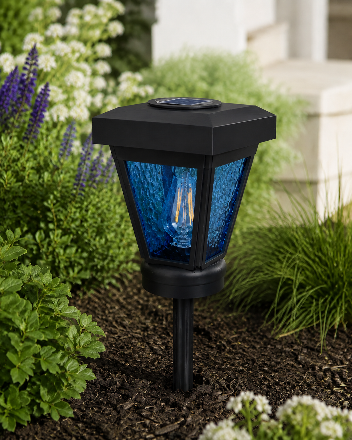 Lantern with Blue Textured Glass Small Edison Bulb Solar Landscape Light – Black