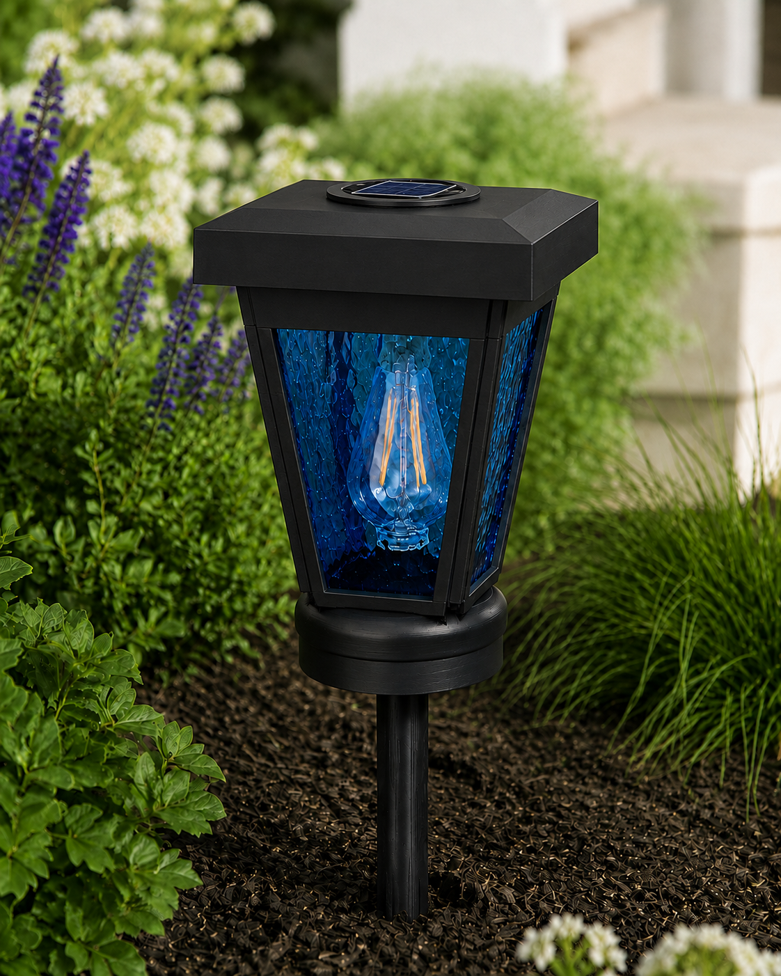 Lantern with Blue Textured Glass Small Edison Bulb Solar Landscape Light – Black