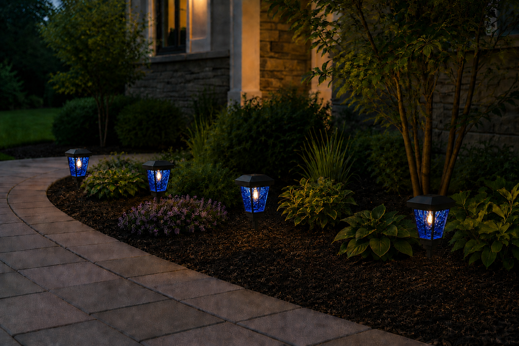 Lantern with Blue Textured Glass Small Edison Bulb Solar Landscape Light – Black