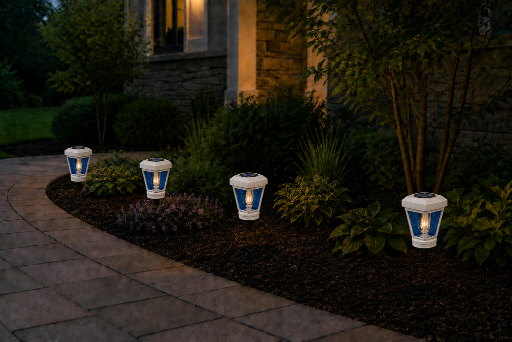 Lantern with Blue Textured Glass Small Edison Bulb Solar Landscape Light – Marble
