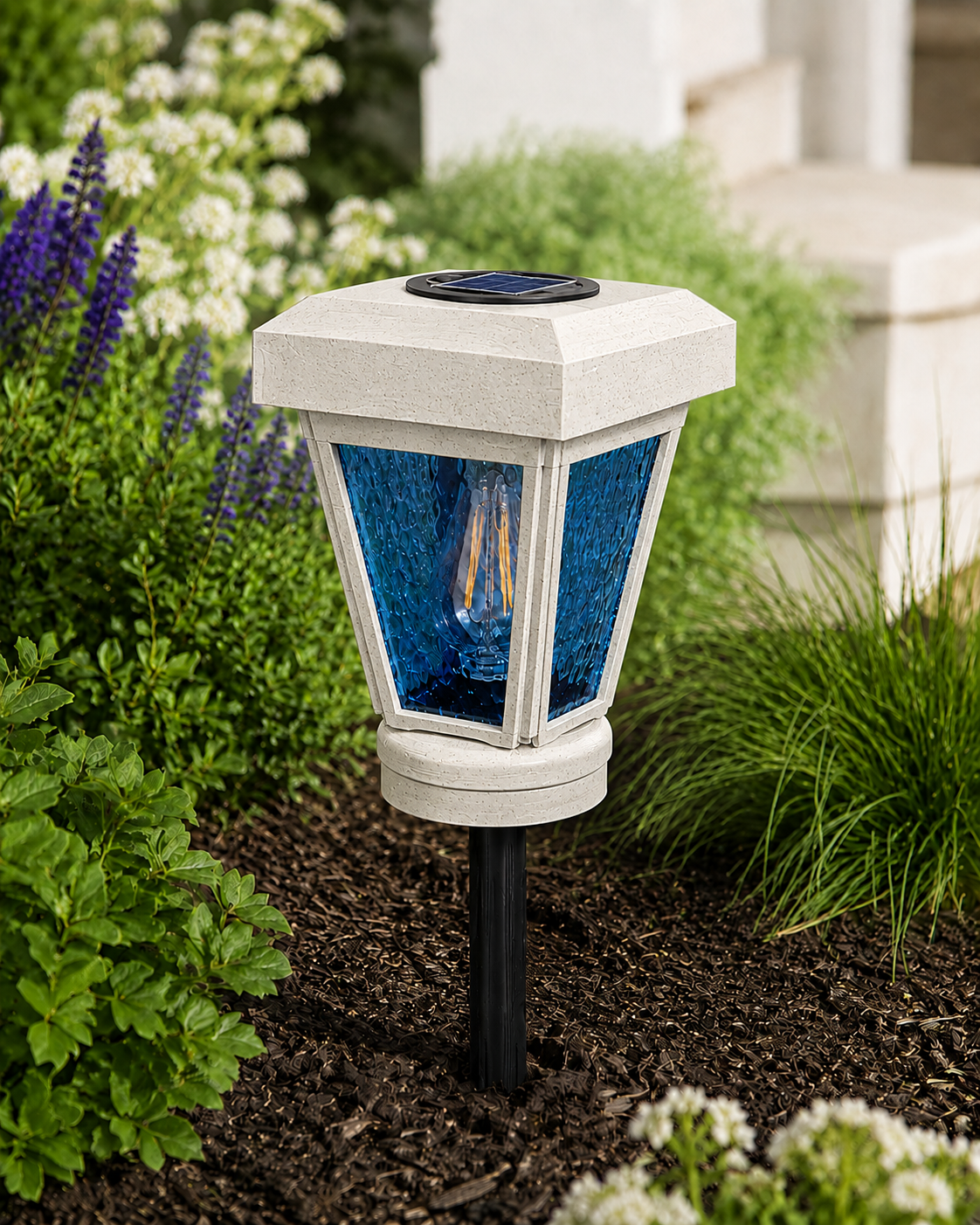 Lantern with Blue Textured Glass Small Edison Bulb Solar Landscape Light – Marble