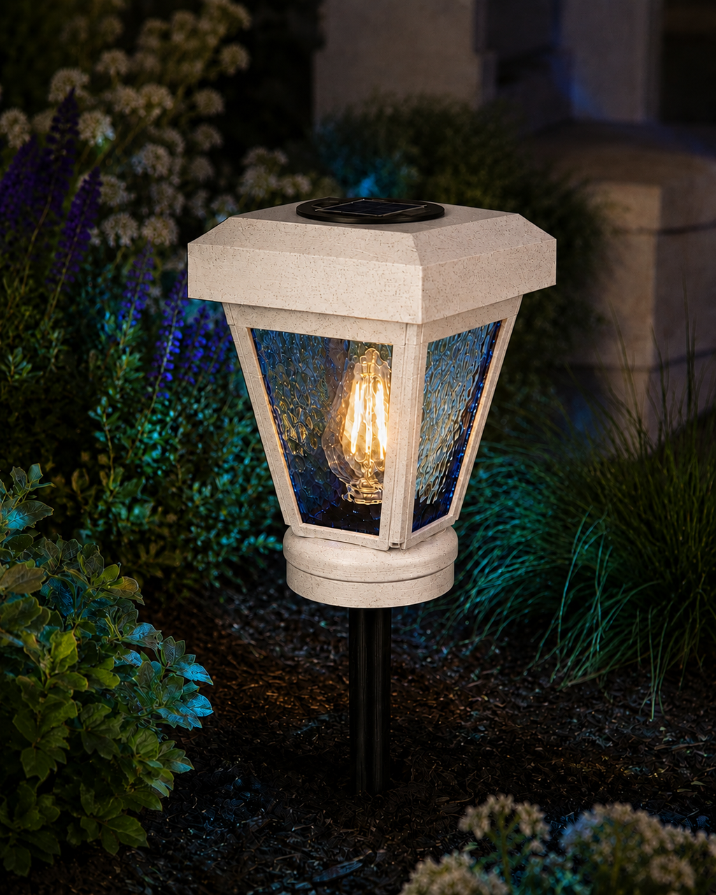 Lantern with Blue Textured Glass Small Edison Bulb Solar Landscape Light – Marble