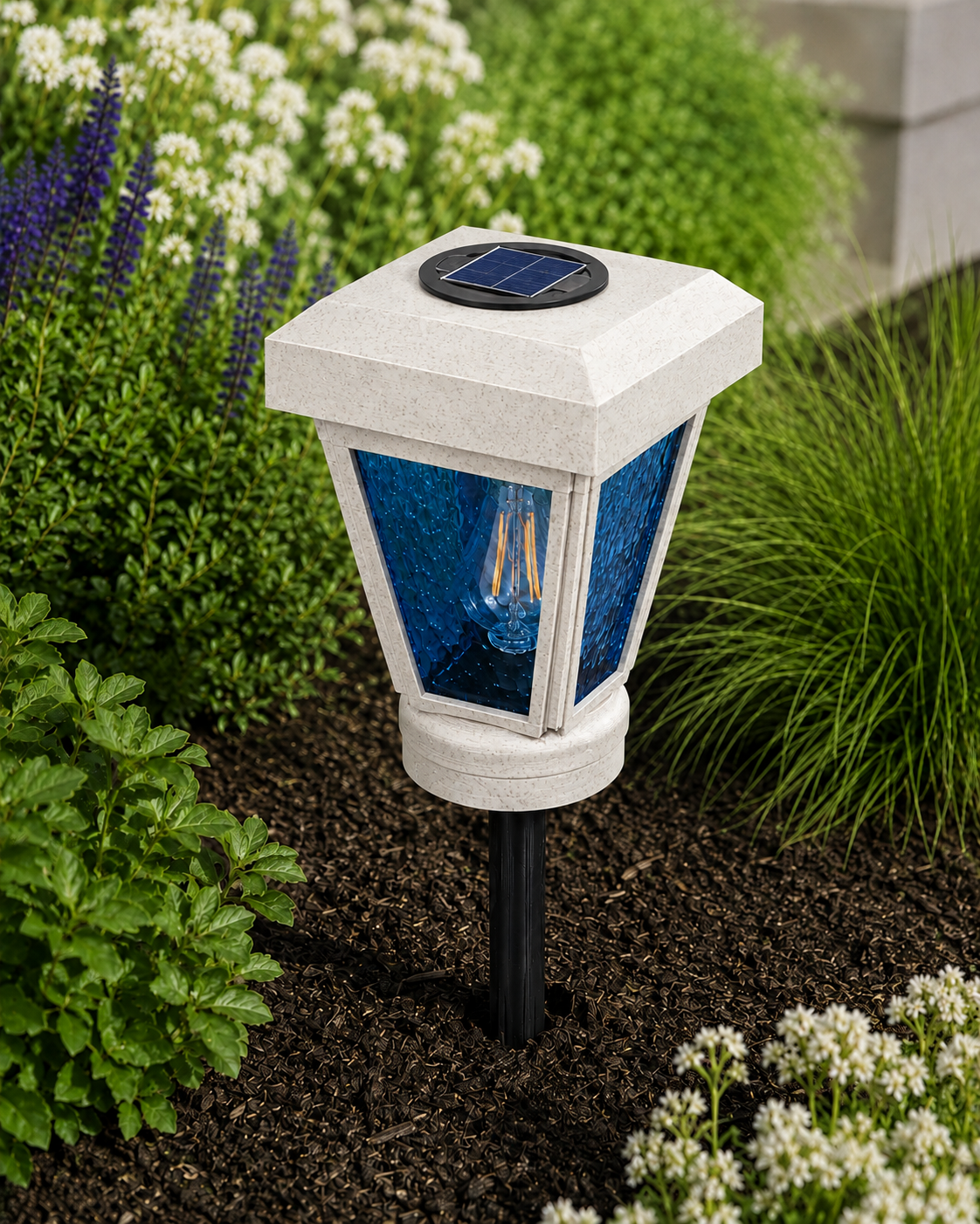 Lantern with Blue Textured Glass Small Edison Bulb Solar Landscape Light – Marble