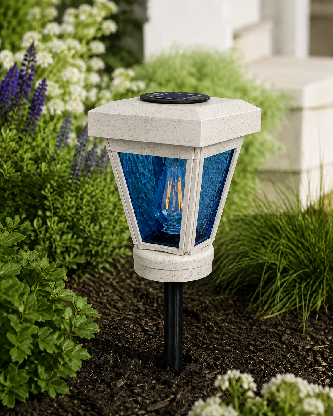 Lantern with Blue Textured Glass Small Edison Bulb Solar Landscape Light – Marble