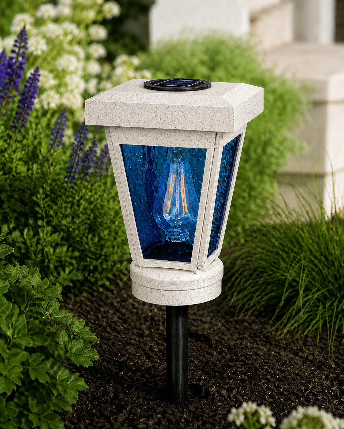 Lantern with Blue Textured Glass Small Edison Bulb Solar Landscape Light – Marble