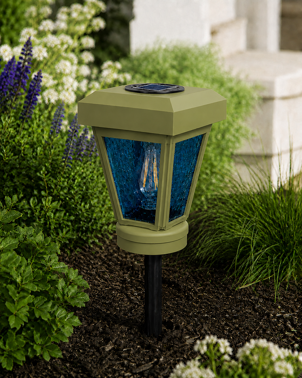 Lantern with Blue Textured Glass Small Edison Bulb Solar Landscape Light – Natural Green